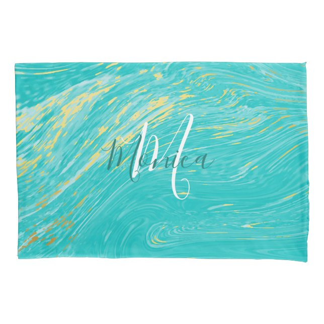 Marble Beautiful Gold Blue Elegant Mongram Pillow Case (Front)