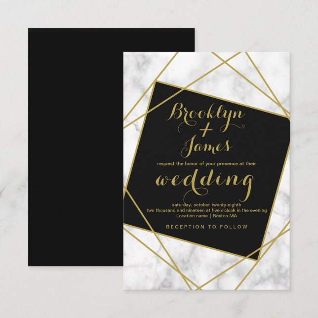 Marble Black and Faux Gold Geometric Wedding Invitation (Front/Back)