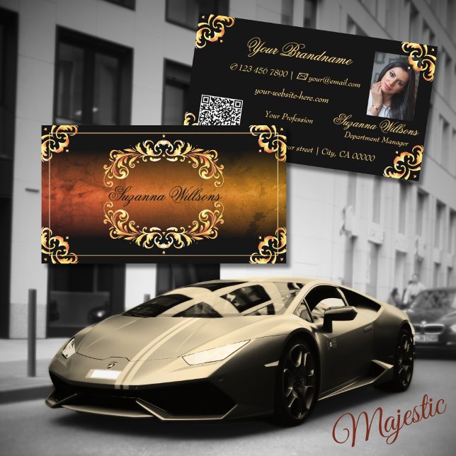 Marble Black and Gold Decor with Photo and QR Code Business Card (Creator Uploaded)