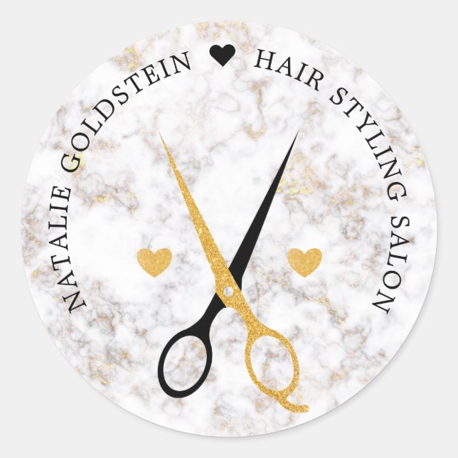 Marble Black and Gold Scissors Hairstylist Classic Round Sticker (Front)