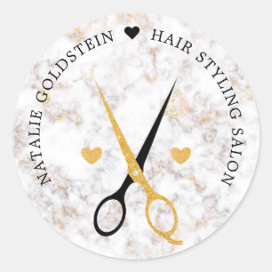 Marble Black and Gold Scissors Hairstylist Classic Round Sticker