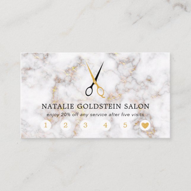 Marble Black and Gold Scissors Salon Loyalty Card (Front)