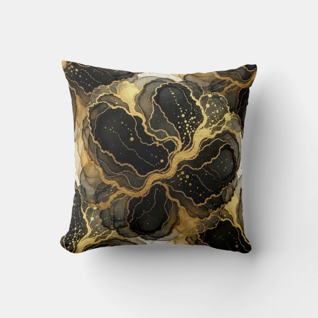 Marble Black and White + Gold Luxury  Throw Pillow (Front)