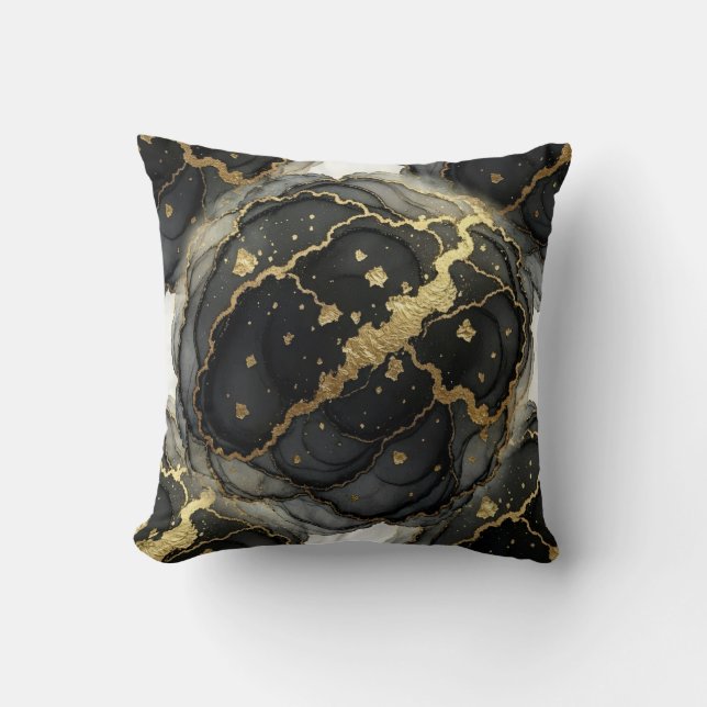 Marble Black and White + Gold Luxury  Throw Pillow (Front)