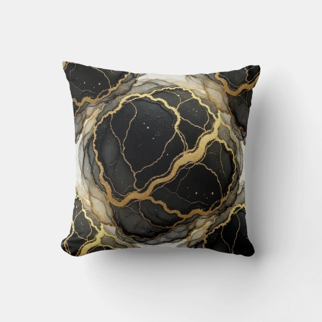 Marble Black and White + Gold Luxury  Throw Pillow (Front)