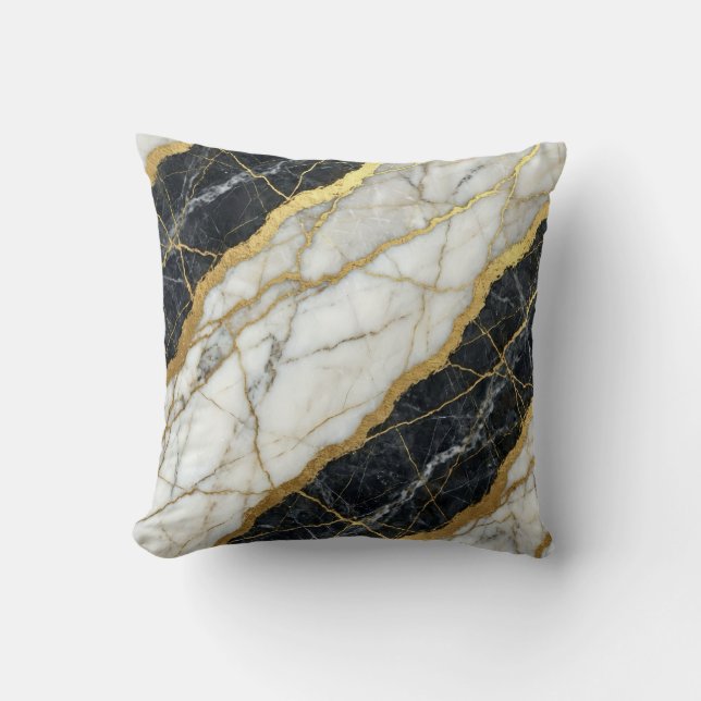 Marble Black and White + Gold Luxury  Throw Pillow (Front)