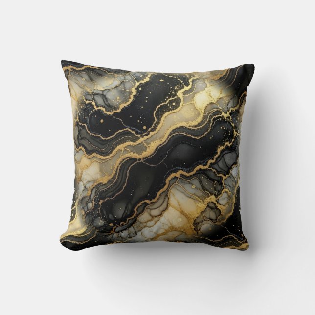 Marble Black and White + Gold Luxury  Throw Pillow (Front)