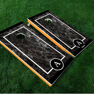 Marble Black and White Monogram Cornhole Set