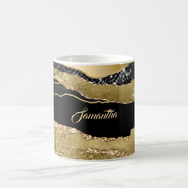 Marble black gold agate glitter name tufted chic coffee mug (Center)