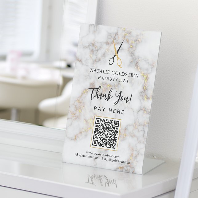 Marble Black Gold Scissor QR Code Pay Here Pedestal Sign (Marble Black Gold Scissor QR Code Pay Here Pedestal Sign)