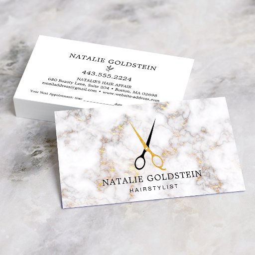 Customizable Marble Black Gold Scissors Hairstylist Appointment Business Card