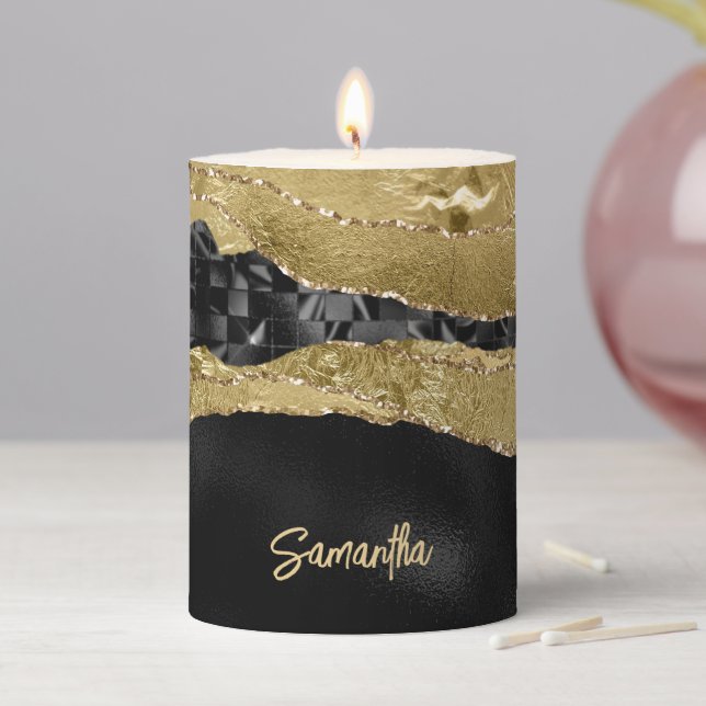 Marble black gold shimmer elegant name pillar candle (In Situ)