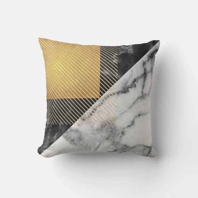 Marble Black Gold Silver Squares Geometry Linear Throw Pillow (Front)