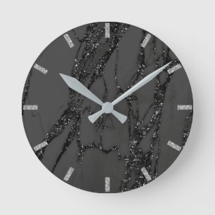 Marble Black Gray Glitter Metallic Abstract Granit Round Clock