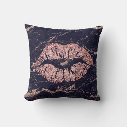 Marble Black Rose Glitter Kiss Lips Gray Metallic Throw Pillow