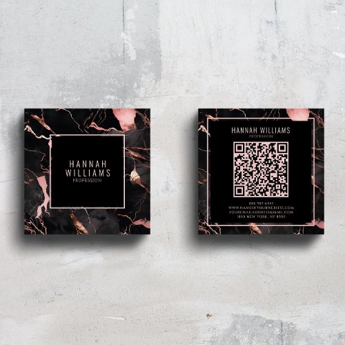 Marble Black Rose Gold QR Code Girly Trendy Square Business Card