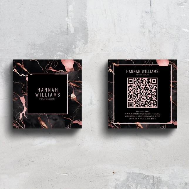 Marble Black Rose Gold QR Code Girly Trendy Square Business Card (Creator Uploaded)