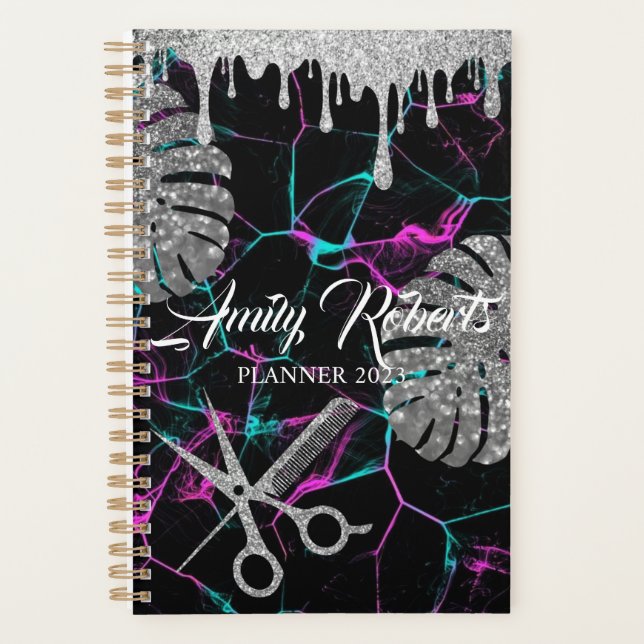 Marble Black Silver Sparkling Salon Planner (Front)