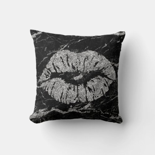 Marble Black Stone Glitter Kiss Lips Gray Metallic Throw Pillow
