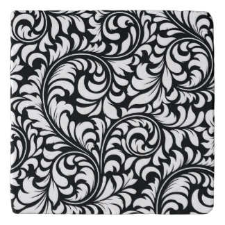 Marble Black & White Floral Damask Print Trivet