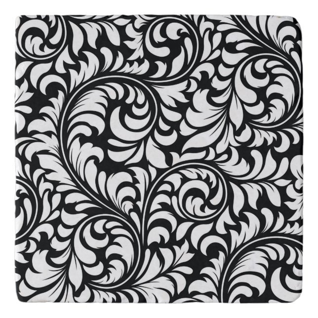 Marble Black & White Floral Damask Print Trivet (Front)