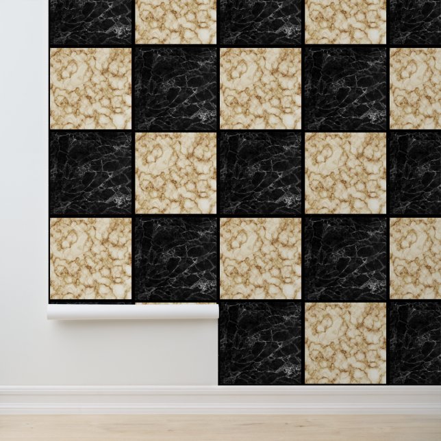 Marble Black White Ivory Gold Checkers Wallpaper (Application)