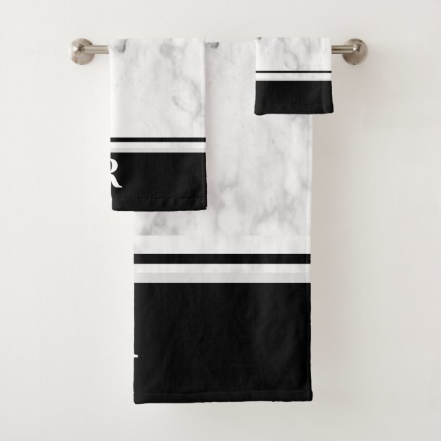 Marble Black White Striped Monogram Initial  Bath Towel Set (Insitu)
