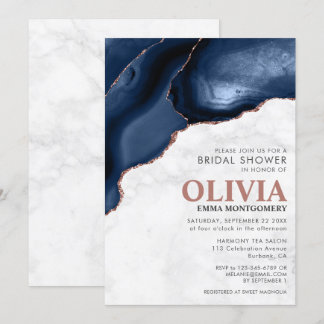 Marble Blue Agate Rose Gold Glitter Bridal Shower Invitation