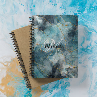Marble Blue and Gold Monogram Name Notebook