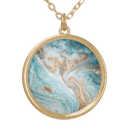 MARBLE BLUE GOLD ABSTRACT 2 NECKLACE PENDANT 
