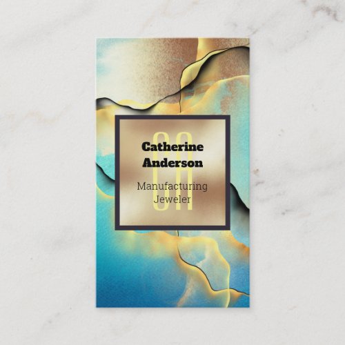 Marble blue gold smoke ink square monogram chic business card