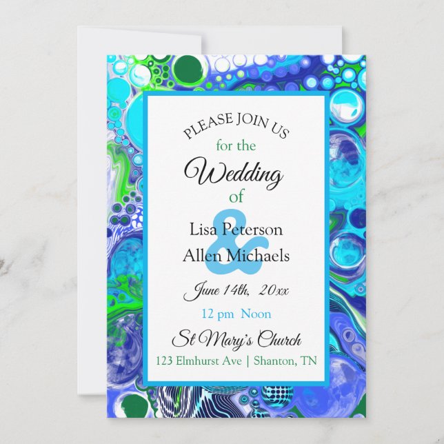 Marble Blue Green Pour Painting Effect Wedding Inv Invitation (Front)