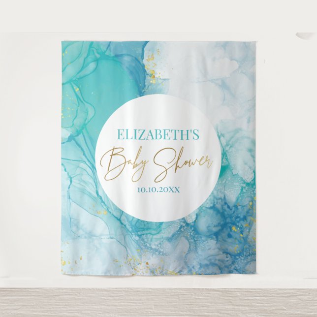 Marble blue mint baby shower modern backdrop (Front)