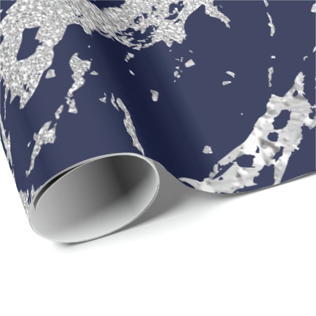 Marble Blue Navy Silver Gray Strokes Abstract VIP Wrapping Paper (Roll Corner)