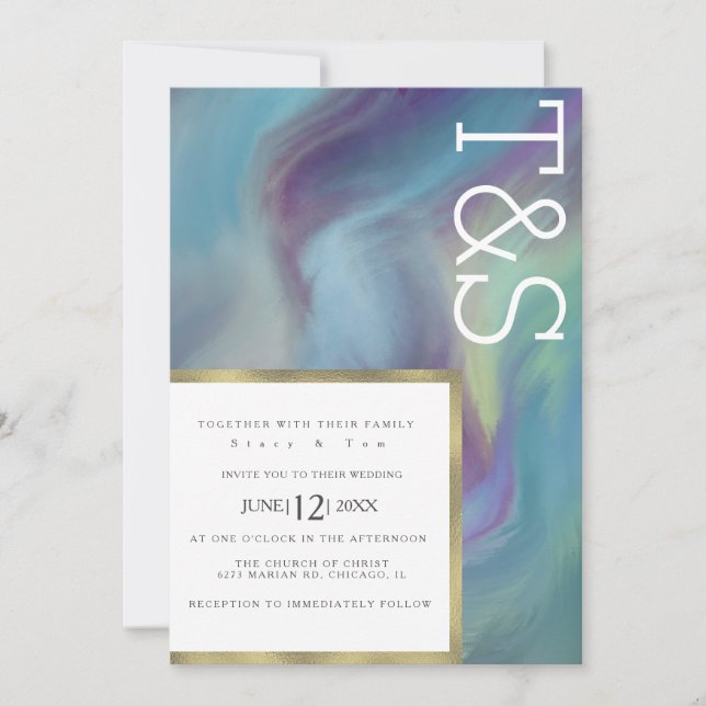 Marble Blue Purple Wash Typography Wedding Invitation (Front)