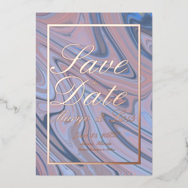 Marble Blue Save the Date  Gold Pressed  Foil Invitation (Front)