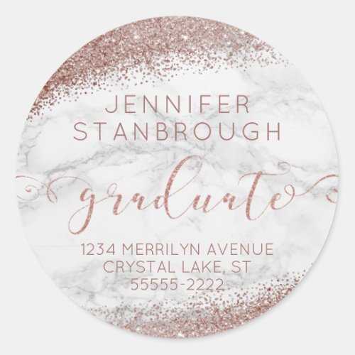 Marble Blush  Rose Gold Script Graduate Address Classic Round Sticker