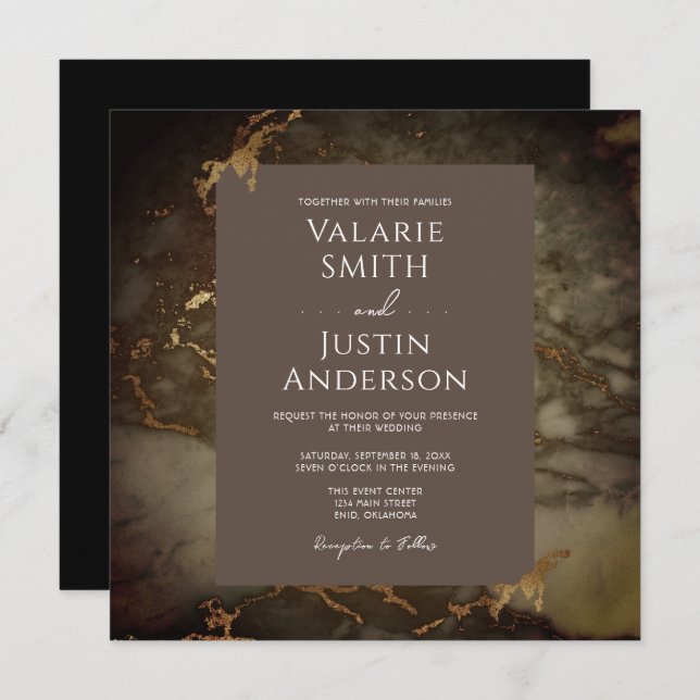 Marble Brown and Gold Wedding Invitation (Front/Back)