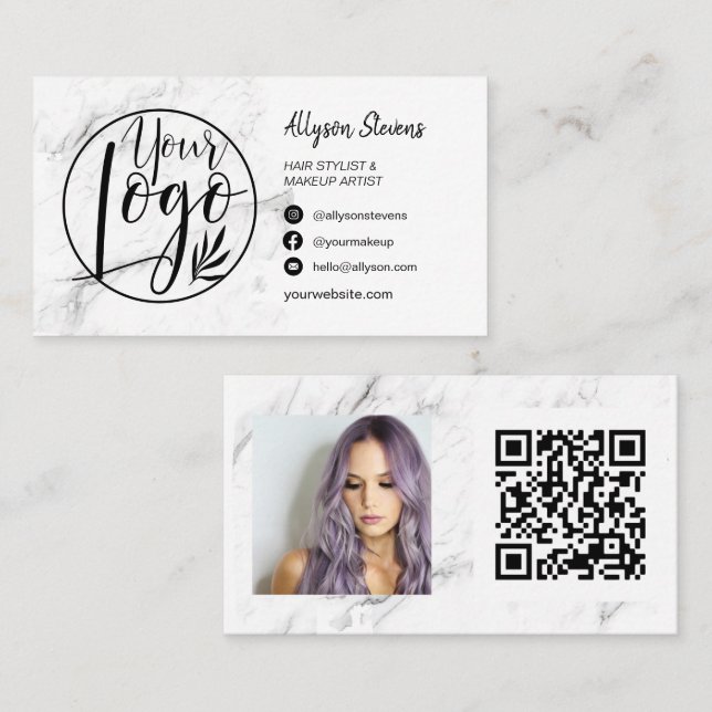 Marble brush hair makeup photo logo qr code business card (Front/Back)