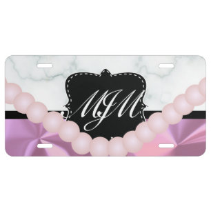 Marble Brushed Metal Monogrammed  Pink Pearls  License Plate