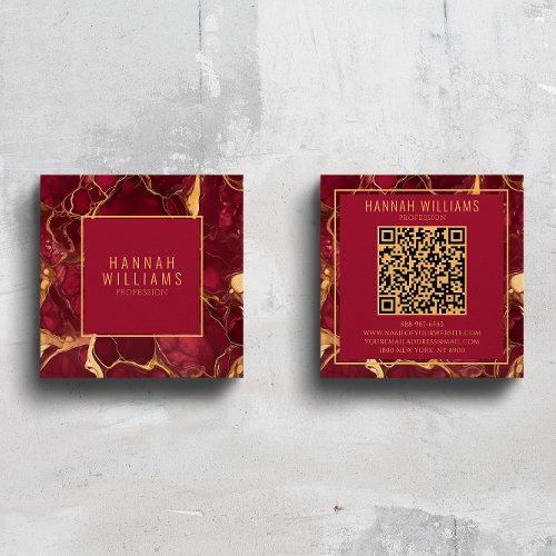 Marble Burgundy Gold Agate QR Code Bold Trendy Square Business Card