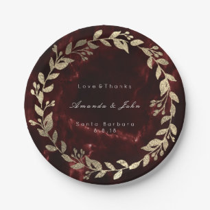 Marble Burgundy Gold Custom Floral Wreath Luxury Paper Plates