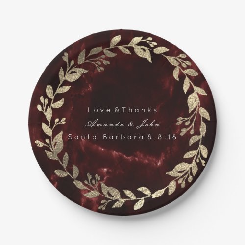 Marble Burgundy Red Gold Custom Floral Wreath Paper Plates