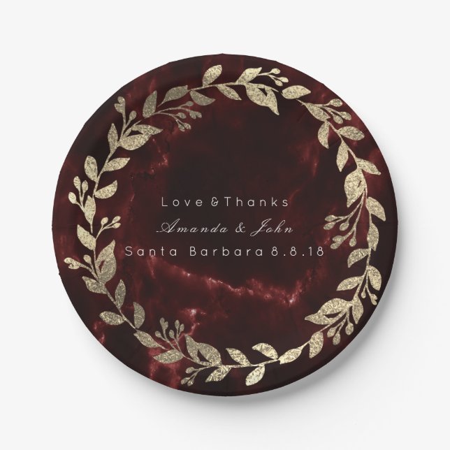 Marble Burgundy Red Gold Custom Floral Wreath Paper Plates (Front)