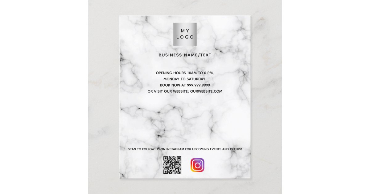 Marble business logo qr code instagram custom text flyer | Zazzle