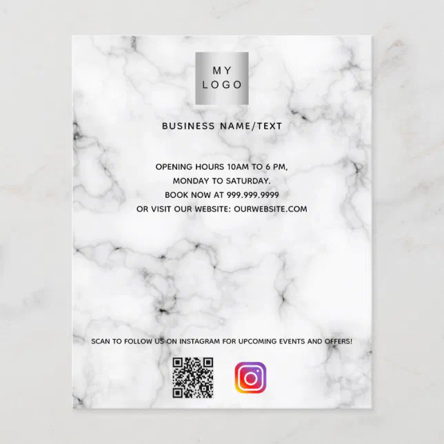 Marble business logo qr code instagram custom text flyer | Zazzle