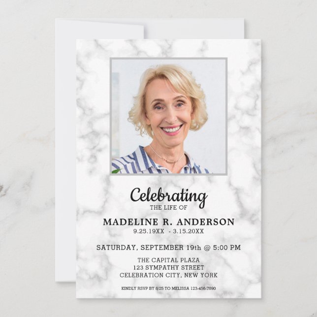 Marble Celebration Of Life Memorial Photo Funeral Invitation (Front)