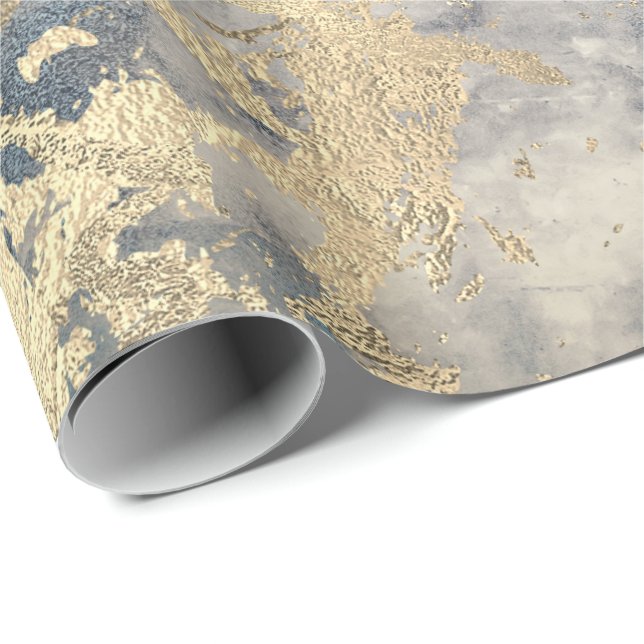 Marble Champaigne Gold Gray Blue Metal Stroke Wrapping Paper (Roll Corner)