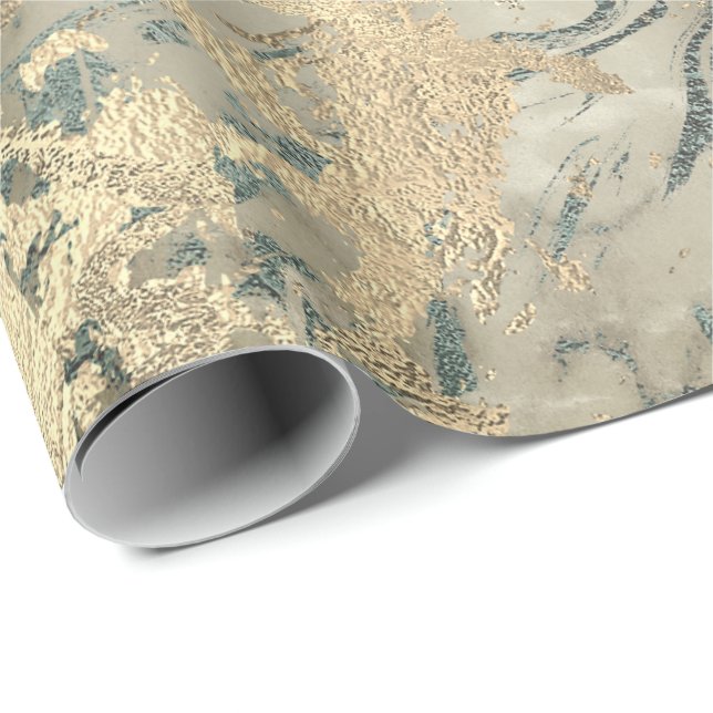 Marble Champaigne Gold Sepia Blue Metal Strokes Wrapping Paper (Roll Corner)