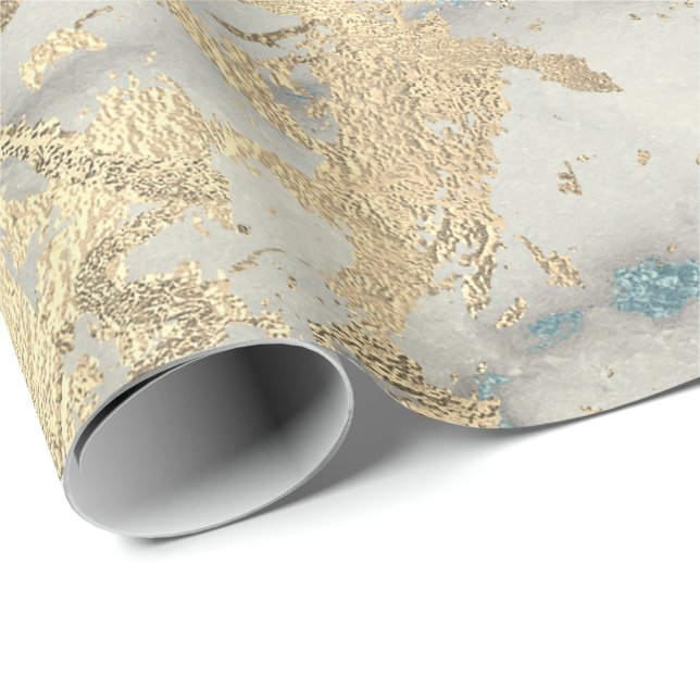 Marble Champaigne Gold  Sepia Blue Metal Strokes Wrapping Paper (Roll Corner)